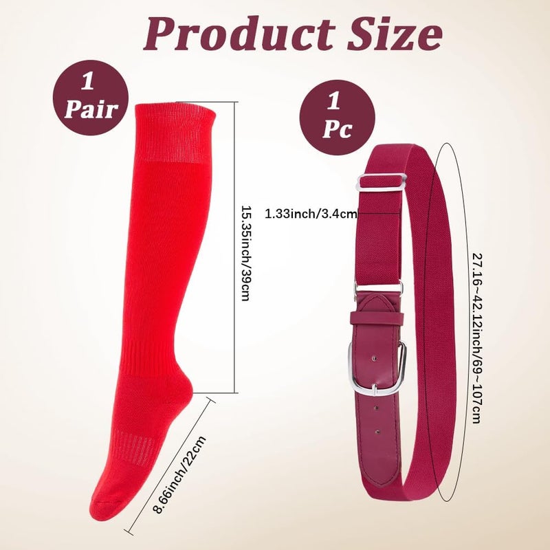 CALFOVERA Elastic Baseball Belt and Socks Combo Set Solid Color Elite Team Sport Knee High Socks Polyester PU Leather Adjustable Softball Waist Belt Waistband with Alloy Clasp for Youth Adult(Red) - Image 2